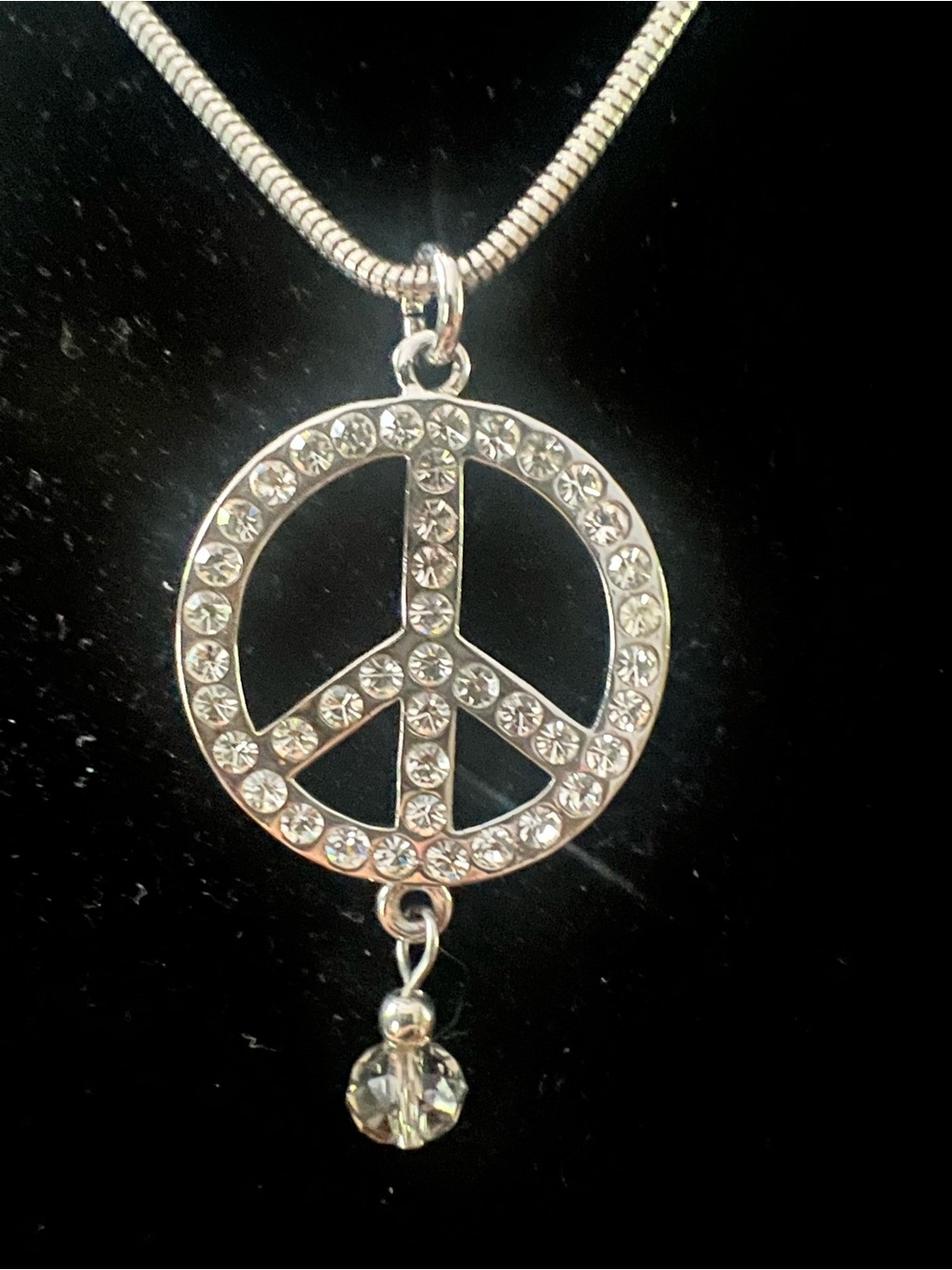 Rhinestone Peace Sign Pendant Necklace in Silver